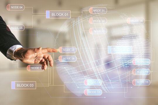 Double exposure of male hand presses on abstract programming language and world map on blurred office background, research and development concept