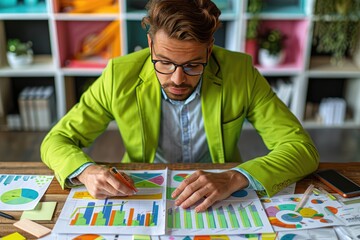 Fototapeta premium Focused Businessman Analyzing Market Trends with Colorful Charts and Data in Modern Office