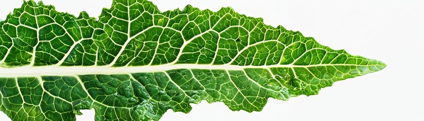 Obraz premium Side view, photorealistic image of fresh kale leaf, vivid green hues, HD clarity, detailed textures, soft lighting, focus on intricate vein patterns, studio white background