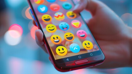 Hand holding smartphone showing vibrant emoji icons on screen with blurred cityscape background