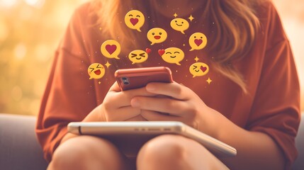 Teen girl texting on phone with floating emojis, expressing emotions and connecting digitally. - Powered by Adobe
