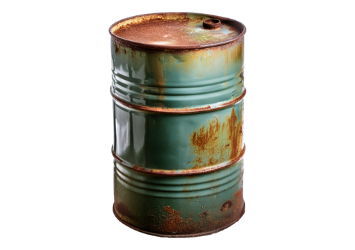 Weathered metal trash can with rust, isolated on white, ideal for industrial themes.