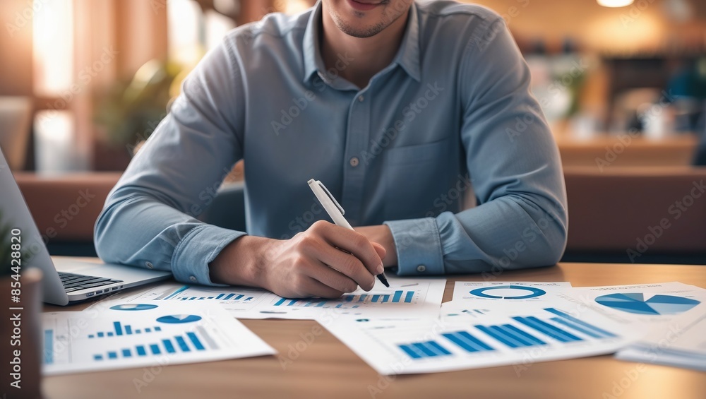 Aufkleber a person sitting at a desk analyzing financial charts and graphs. the desk is covered with various d