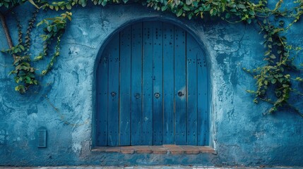 An old blue wooden arched door surrounded by green vines on a textured blue wall.