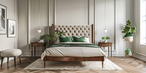 A bedroom with a large bed, a nightstand, and a potted plant. Generate AI image