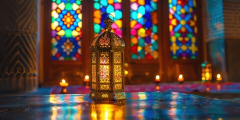 Obraz premium A lantern sits on a table in front of a stained glass window. Generate AI image