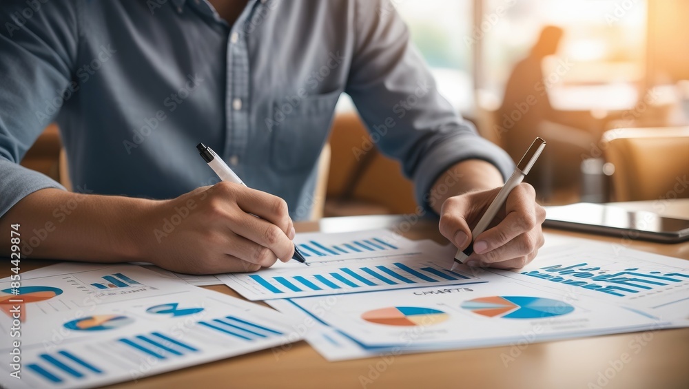 Poster a person sitting at a desk analyzing financial charts and graphs. the desk is covered with various d