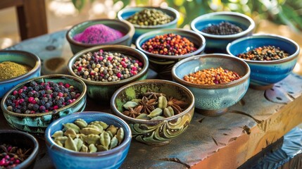 A colorful array of es cardamom ginger alle gathered in small bowls each one promising a unique and exotic flavor to a dish.