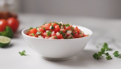 view of aesthetic Bowl of tasty Pico de Gallo salsa on white background