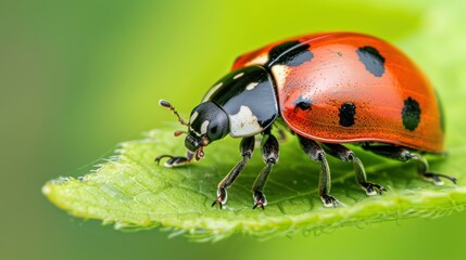 Fototapeta premium Small red-orange ladybug on a green leaf