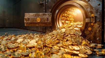 A pile of gold coins spilling out of an open vault, representing safe investments and secure wealth storage. The gleaming coins reflect prosperity and financial growth, making this image suitable for