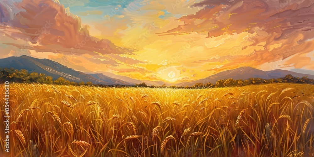 Aufkleber a painting of a field of golden wheat with a sun setting in the background. generate ai image