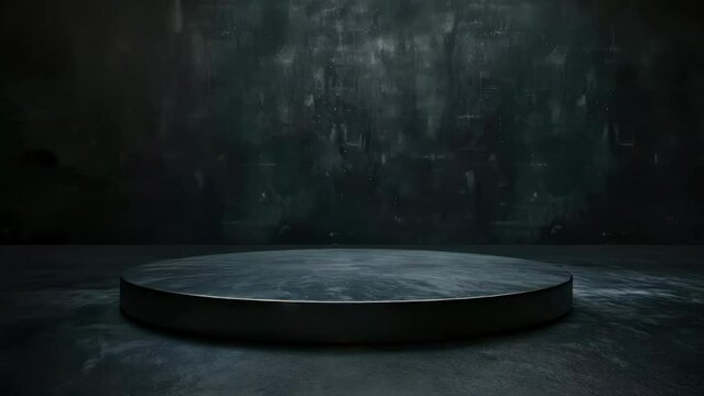 Black podium with gray wall in background