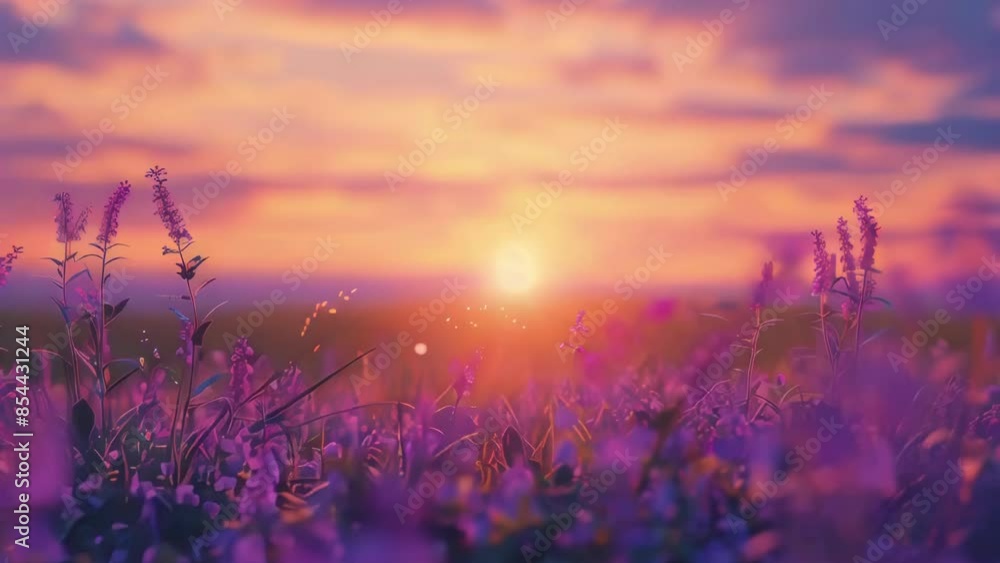 Canvas Prints Field of purple flowers with sun in sky