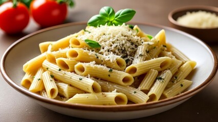  Delicious pasta dish with a sprinkle of Parmesan cheese and fresh basil