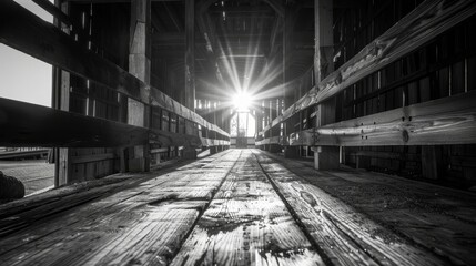 Symmetrical Rustic Charm in Monochrome with Vibrant Colors and Lens Flare