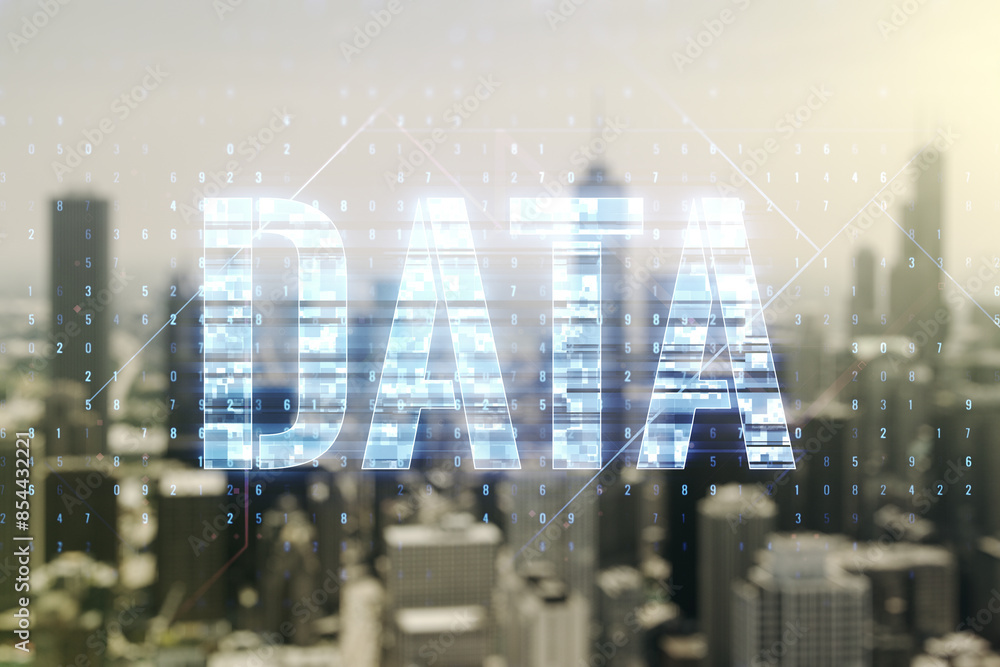Poster data word hologram on blurry office buildings background, big data and blockchain concept. multiexpo