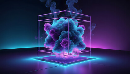 Abstract cyan blue and pink neon glowing wireframe cube with large smoke cloud and shiny floor
