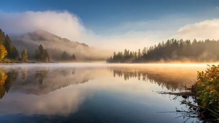 Fototapeta premium Haze of Tranquility: Mist Over The Lake