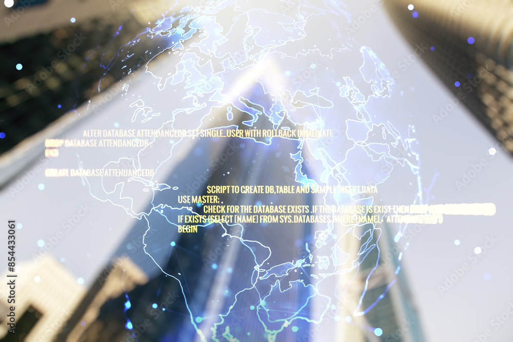 Poster double exposure of abstract creative programming illustration and world map on blurry cityscape back
