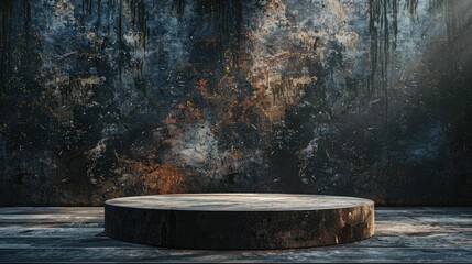 Rustic round platform in a dramatic abstract setting with dark, moody tones and a textured backdrop.