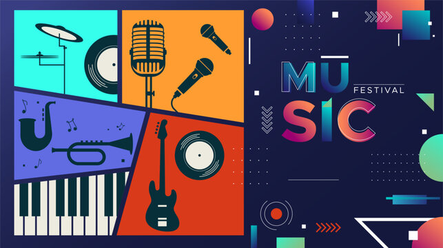 template design for music festival celebration. A lively party celebration with displays of guitar, drum, mic, trumpet and piano musical instruments. music festival design concept