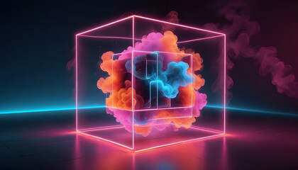 Abstract cyan blue, red, yellow and pink neon glowing wireframe cube with large smoke cloud and shiny floor
