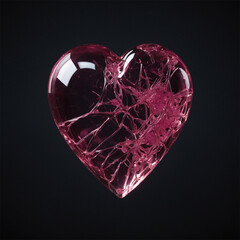 A heart made of glass is shown on a dark background. The heart is pink and has a broken appearance, giving it a sense of fragility and vulnerability
