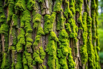 green moss grow on old tree bark in forest close up
