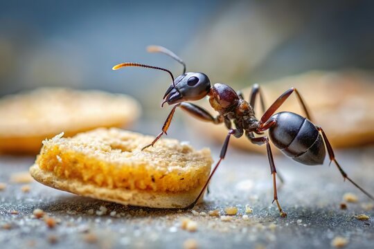ant eat breadcrumb on the ground close up macro