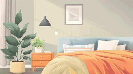 A cozy bedroom interior with a bed featuring orange bedding, a nightstand with a plant, and a large green plant in a pot.