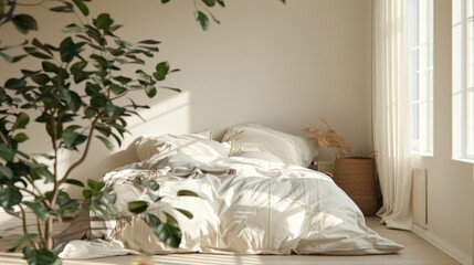 A bedroom with a bed made with white linens, a large window with white curtains, and a plant in the foreground. Sunlight streams through the window, illuminating the room.