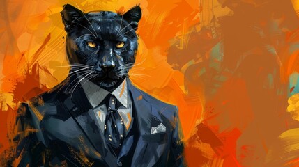 A black panther in a suit, with an intense gaze, stands against an abstract orange background.