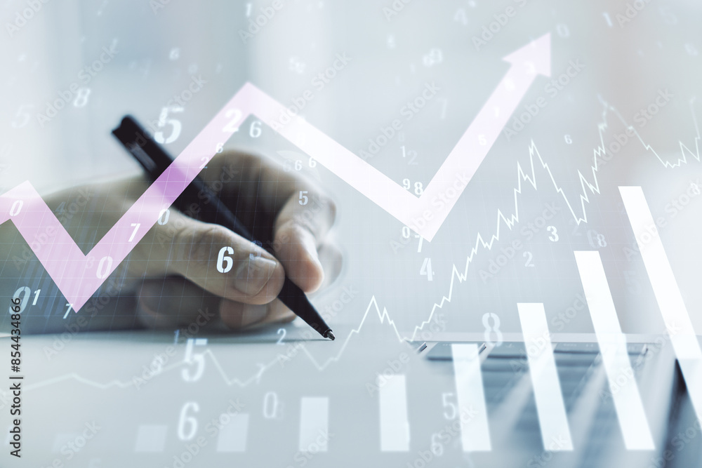 Poster multi exposure of abstract creative financial graph with upward arrow and hand writing in notebook o
