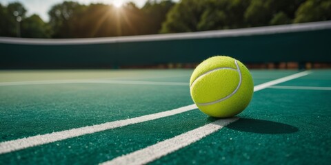 A tennis ball on a green court. Close-up. Wimbledon. Sports. Banner, poster , background, postcard....