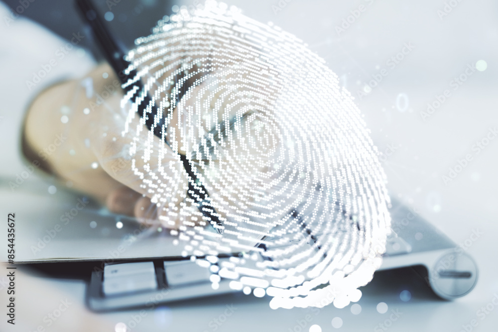Poster abstract creative fingerprint illustration with hand writing in diary on background with laptop, per