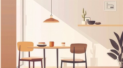 A minimalist dining room features a wooden table, two chairs, a hanging lamp, and a potted plant.