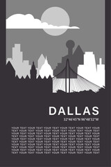 Dallas city minimalistic poster with skyline, cityscape retro vector illustration. USA, Texas state travel front cover, brochure, flyer, leaflet, flier, template, layout