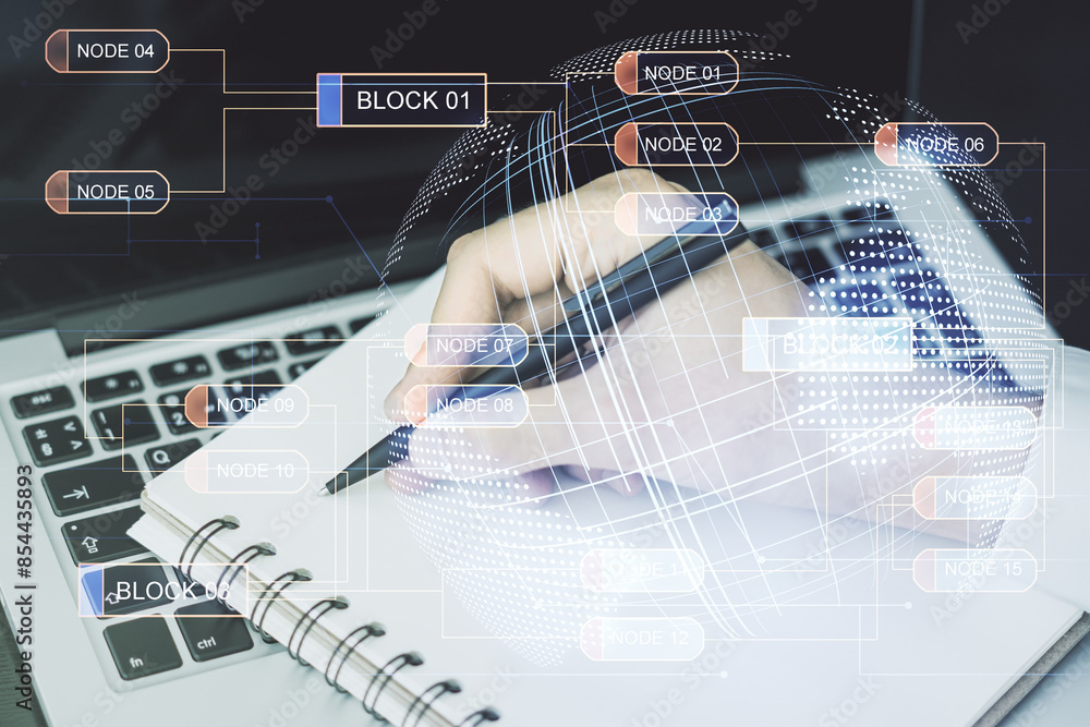 Aufkleber Multi exposure of abstract graphic coding sketch with world map and hand writing in diary on background with laptop, big data and networking concept