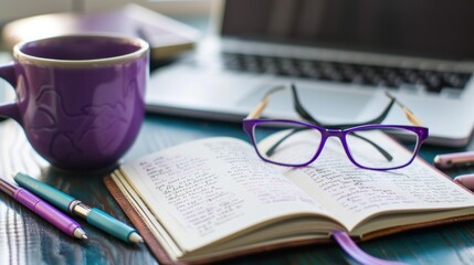 Fototapeta premium Purple Mug, Pencils, Glasses, and Notebook on a Desk