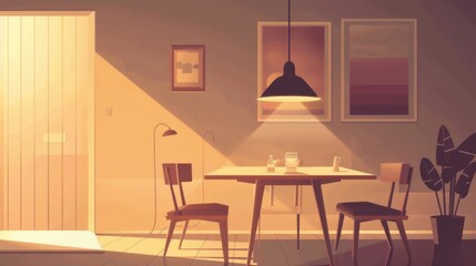 A minimalist dining room with warm light shining through the window, creating a cozy and inviting atmosphere.