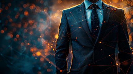 A man in a suit stands in front of a fiery, abstract background, symbolizing ambition and power.