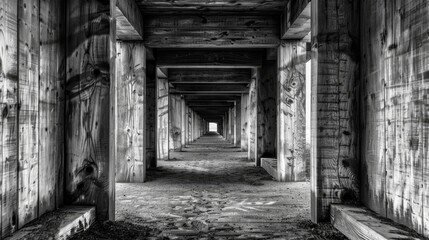 Vibrant Symmetry in Monochrome Rustic Setting with Motion Blur at Eye Level