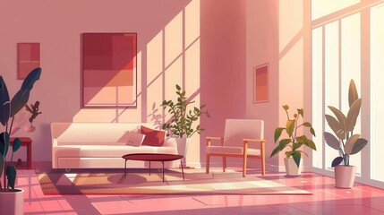 A brightly lit living room with a white sofa, armchair, and plants in pots. Sunlight streams in through large windows creating a warm, inviting atmosphere.