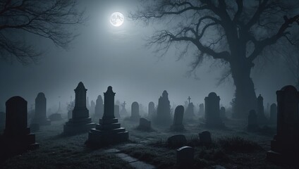 A nighttime view of a misty graveyard with a full moon hanging high in the sky, casting an eerie glow over the scene, halloween mood