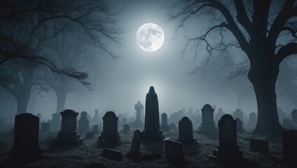 A ghostly figure floats through a misty graveyard under the glow of a full moon, halloween mood