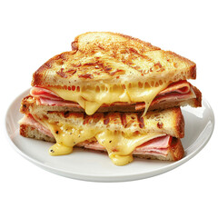 A delicious grilled ham and cheese sandwich with melted cheese oozing out.