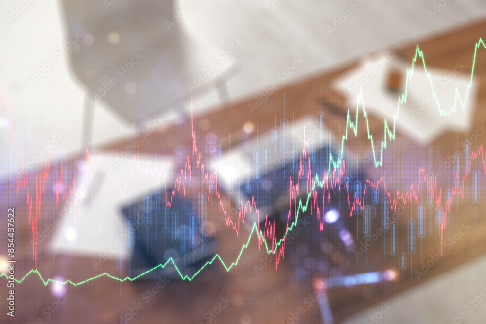 Poster multi exposure of abstract financial diagram and modern desk with computer on background, banking an