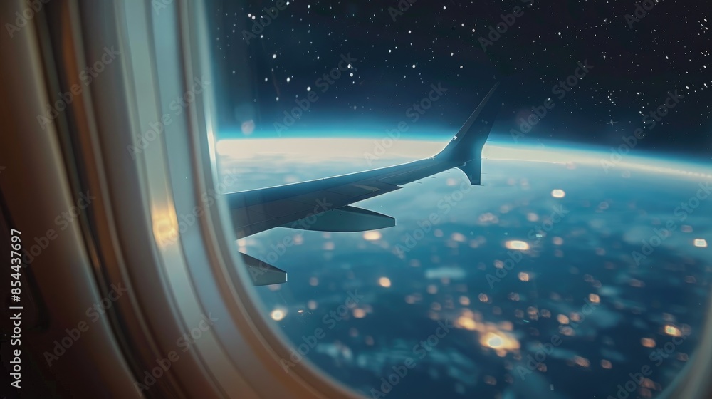 Poster View of an aircraft wing soaring in the sky as seen through a window with a blurred background of the airplane flying high above the earth