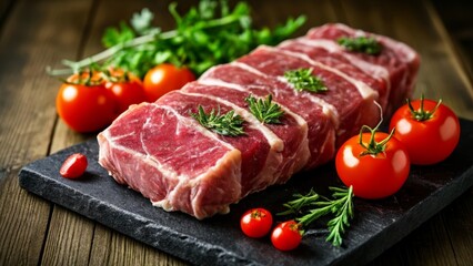  Deliciously grilled meat fresh tomatoes and aromatic herbs on a rustic table